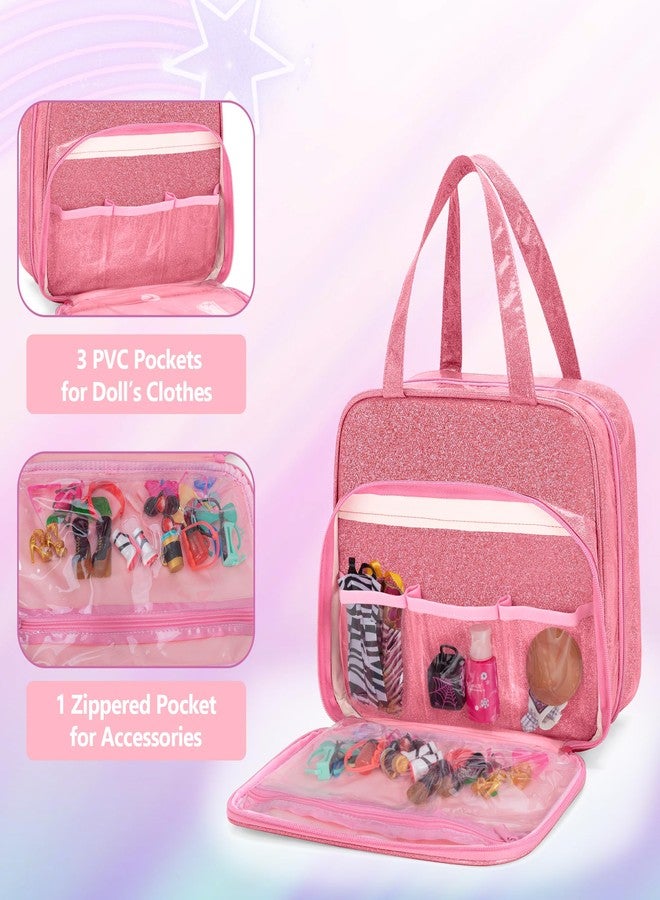 LoDrid Doll Case Compatible with Monster High Dolls with 6 Transparent Pockets for Display and Storage, Tote Bag with Front Pocket and Handle, Pink, Bag Only - Image 2